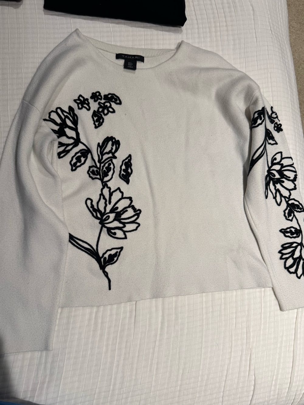 Talbots White Sweater with Black Floral Embroidery